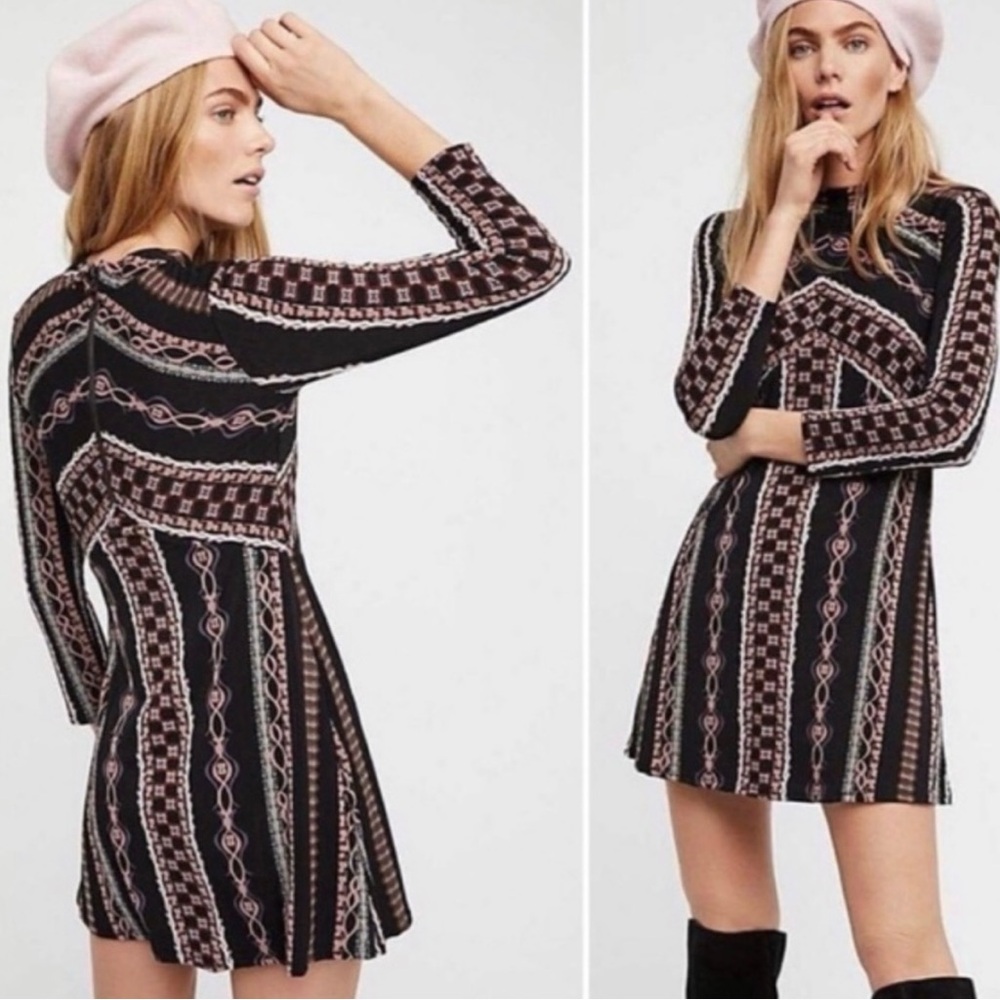 Free People Stella Mock Neck Mini Dress Retro Print Black Long Sleeve Size Large
